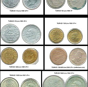 TURKEY 8 νομίσματα (από τις 10 Lira ως τις 100.000 Lira) 1986-2009 VF++ όλα !!!