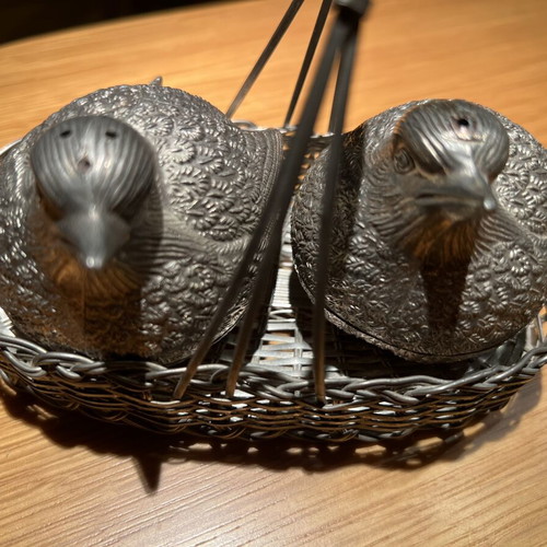 Vintage quail and partridge salt and pepper set with wire basket