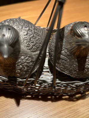 Vintage quail and partridge salt and pepper set with wire basket