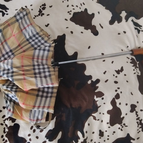Vintage unisex folding umbrella with wooden handle, used