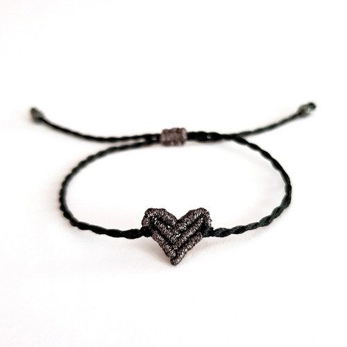 Mini heart macrame bracelet metallic anthracite with hematite stones new