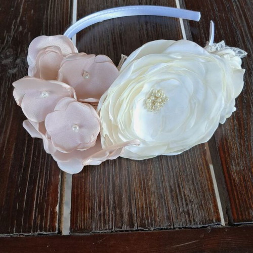 Handmade white headband with satin flowers and pearls new