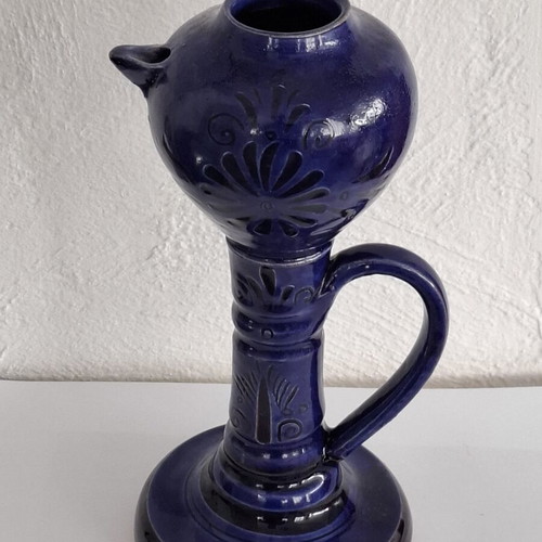 Handmade ceramic oil lamp with Sifnos style, cobalt blue, like new