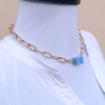 Gold chain necklace with blue cube pendant, handmade from scratch