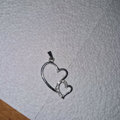 Pendant bead for necklace 2 hearts with rhinestones like new, silver