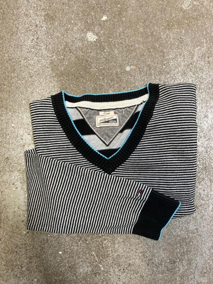 Tommy Hilfiger vintage striped sweater, black and grey, size L