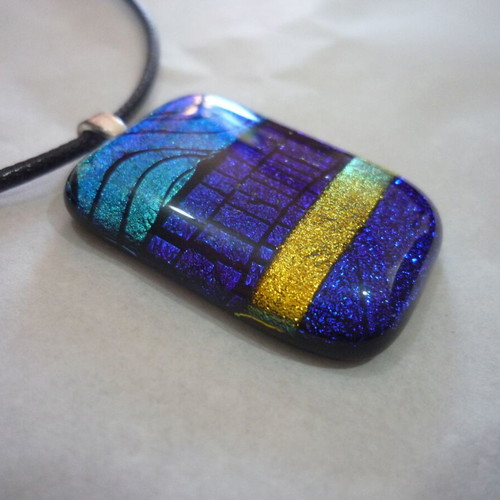 Handmade dichroic glass pendant necklace like new, blue-gold