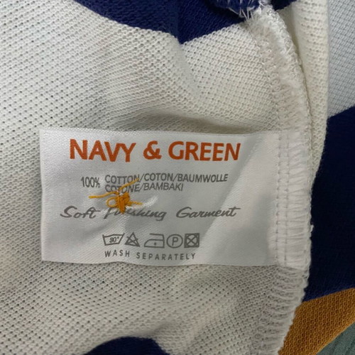 Navy & Green men's polo shirt, medium, striped blue white mustard