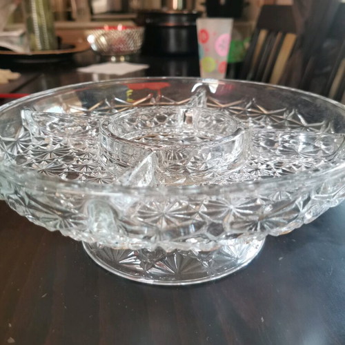 Vintage crystal serving platters with dividers, one with silver base, new