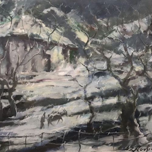 D. Poulianos painting used, oil on hardboard with frame