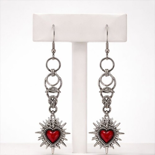 Steel earrings with Byzantine weave and red embossed hearts new