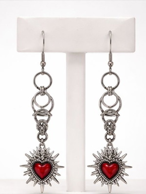 Steel earrings with Byzantine weave and red embossed hearts new