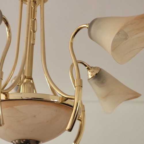 Ceiling chandelier used with handmade glass and bronze