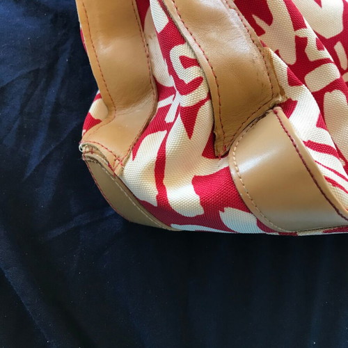 Shoulder bag used, fabric and faux leather, white and red