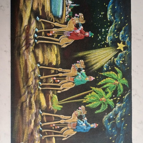 Vintage painting on black velvet "The Three Wise Men with Camels"