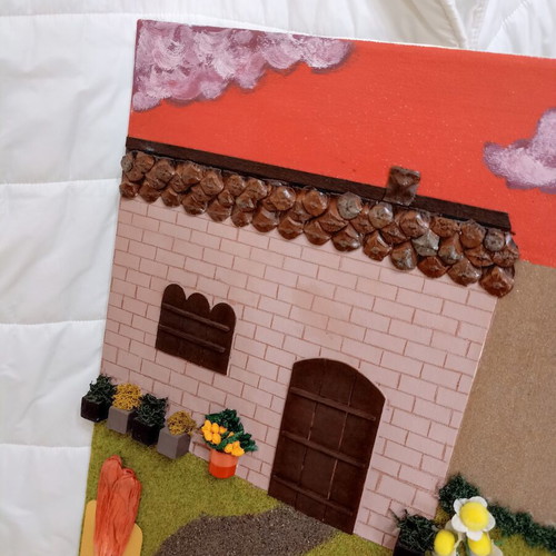 Handmade canvas painting 40x40 with house and garden