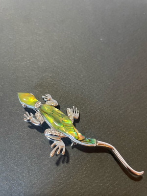 Καρφίτσα σαύρας καινούργια με ιριδίζον πράσινο και στρασάκια σε συσκευασία δώρου