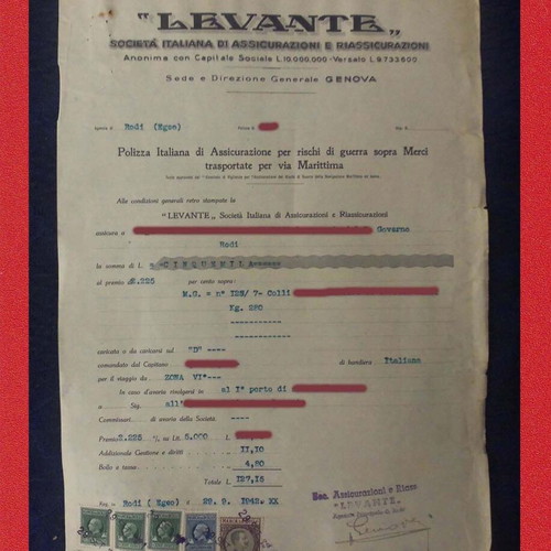 Levante insurance policy 1942 used with 5 Italian stamps