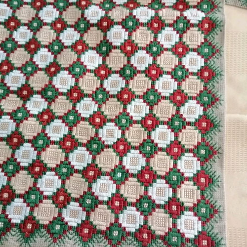 Vintage handmade table runner set with geometric embroidery