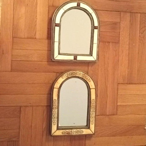 Vintage Moroccan mirror pair used, mid-century camel bone inlay