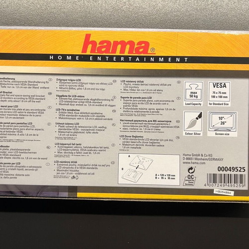 HAMA 49525 LCD Wall Bracket Slim VESA 100 Silver TV Mount new