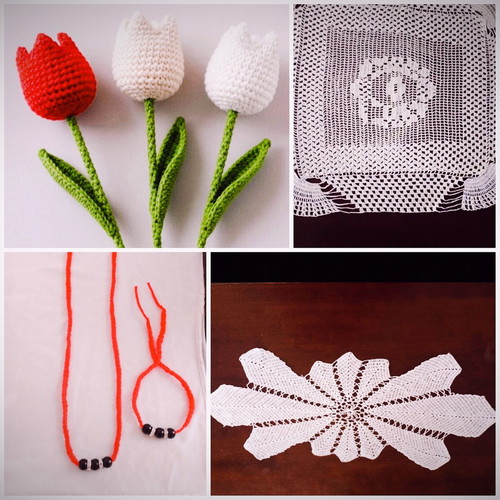 Handmade lace set with 2 placemats, crochet tulip, necklace and bracelet