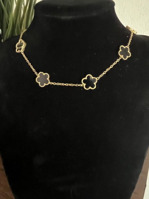 Necklace new, gold-plated stainless steel with black four-leaf clover design