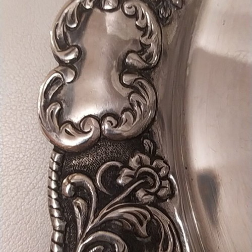 Silver-plated antique handmade tray used, diameter 34 cm
