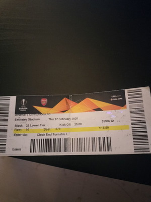 Εισιτήριο Arsenal-Ολυμπιακός 2020 μεταχειρισμένο, Europa League
