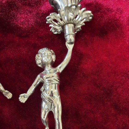 Vintage cherubs metal candlesticks pair, excellent condition