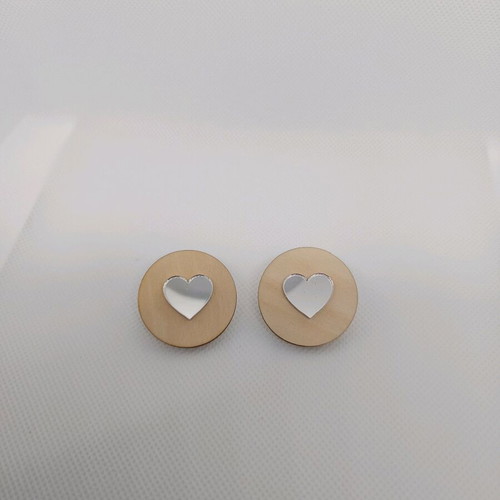 Wooden earrings with plexiglass hearts new, stainless steel clasp