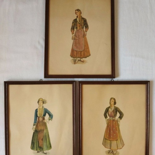 A.Tarsoulis 3 used Greek costumes chromolithographs in wooden frames 34x27 cm