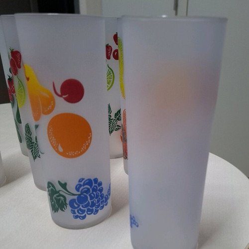 Set of 7 glass glasses for soft drinks like new with fruit designs