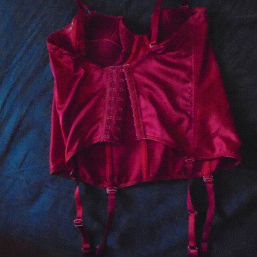 Filis red satin corset with garters, size 70C