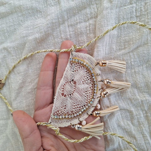 Handmade romantic necklace with lace in beige and gold tones