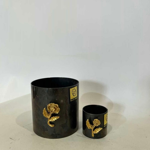 Vintage Black Peal metal vases set of 2 used with gold flower design