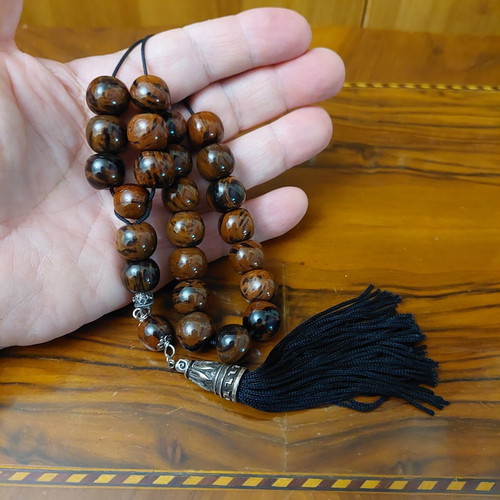 Worry beads 21+4 beads brown obsidian with metal elements and black tassel new