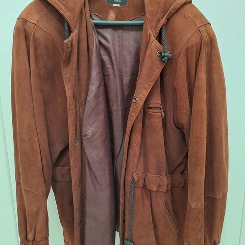 Men's suede jacket used, vintage brown-burgundy with hood, size M