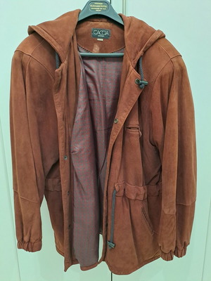 Ανδρικό μπουφάν suede μεταχειρισμένο, vintage καφέ-μπορντό με κουκούλα, μέγεθος M