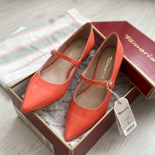 Tamaris orange patent leather Mary Jane flats size 38