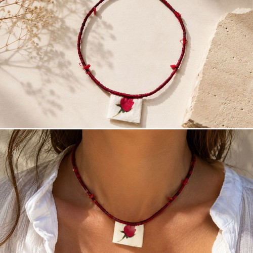 Handmade pendant with semi-precious stones rose motif used, red