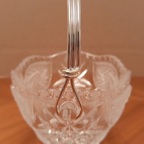 Vintage crystal bowl basket with embossed butterflies and metal handle
