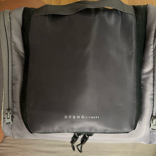 Oysho Fitness toiletry bag used, gray with fluorescent orange pockets