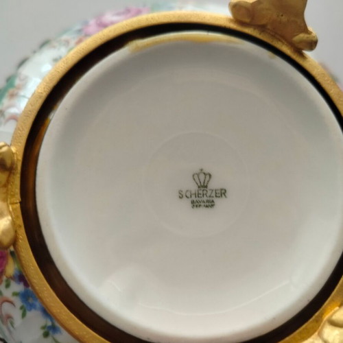 Porcelain fondue pot with green floral pattern Scherzer Bavaria-Germany used