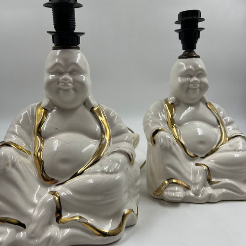 Buddha Table Lamps ceramic white with gold details set of 2 used