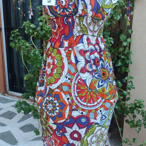 Dress short-sleeved with colorful pattern, new, size S/M