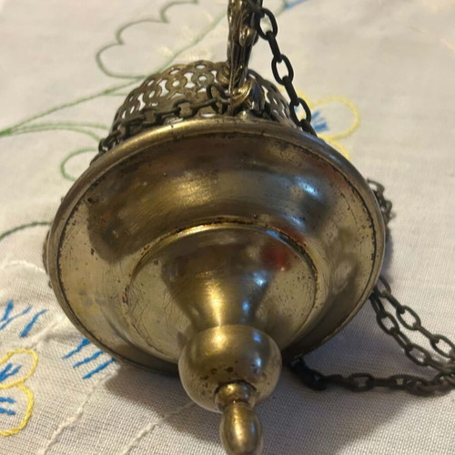 Old Silver-Plated Russian Candle Holder with Red Glass Used