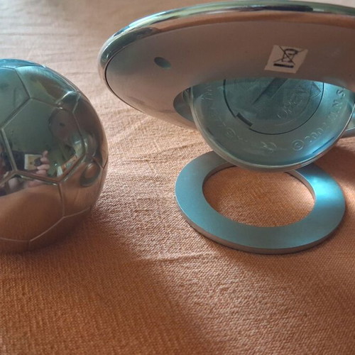 Philippi desk set used, polished chrome analog clock and paperweight