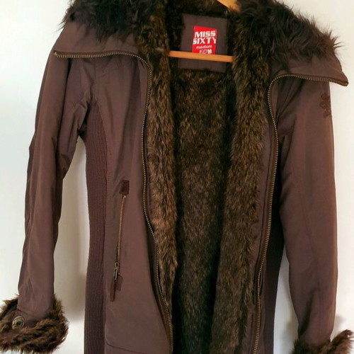 Miss Sixty long jacket like new with inner eco fur brown size S