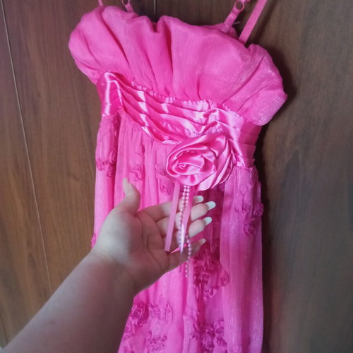 Fuchsia dress with roses used, organza and satin details, size M